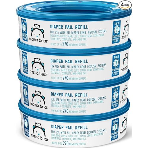 Amazon Brand - Mama Bear Diaper Pail Refills with Odor Control for Diaper Genie Pails, Unscented, 1080 Count (4 Packs of 270 Count)