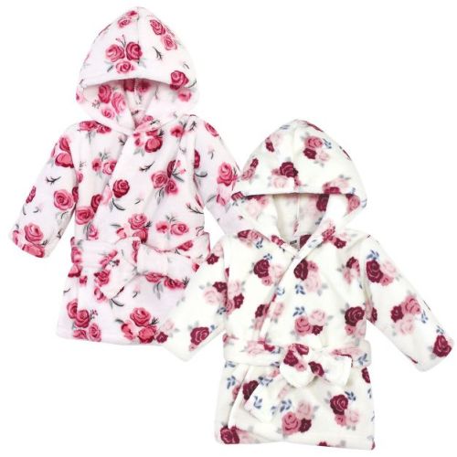 Hudson Baby Infant Girl 2Pc Plush Animal Face Bathrobe, Rose Floral, 0-9 Months