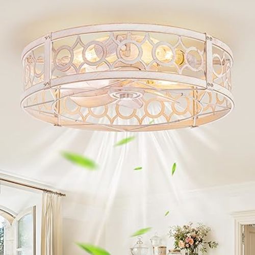 LEDIARY Caged Ceiling Fan with Light and Remote, 20in Small Low Profile Ceiling Fans with Lights, 6 Speed Farmhouse Flush Mount Ceiling Fan for Bedroom, Kitchen, Living Room-White and Gold