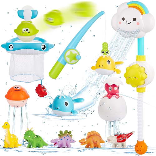 Bath Toys with Shower Dinosaur Bath Toys and Fishing Games Swimming Whales, Floating Squirts Animal Toys Set with Fishing Net Bathtub Toys for Toddlers Baby Kids Ages 1-3