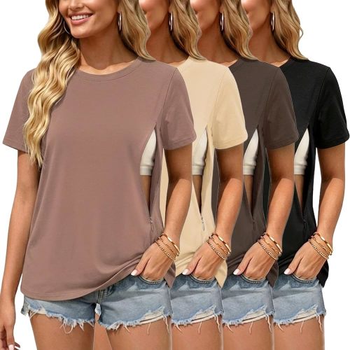 Ecavus 3 Pack Nursing Shirts for Breastfeeding, Hidden Zippers Nursing Tops