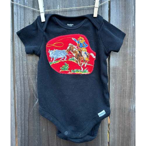 Steer Roper on Black Onesie, Size 12 mons.