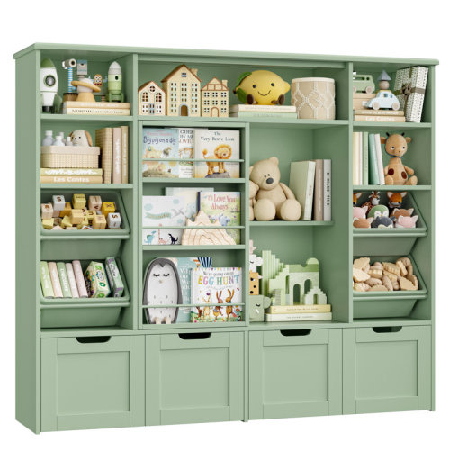 Red Barrel Studio® 55.1"W Standard Toy Organizer With Sliding Bookshelf, 47.4"H Toy Storage With 4 Removable Drawers and Plastic Bins for Kids Room, Playroom, Kindergarten & Reviews | Wayfair