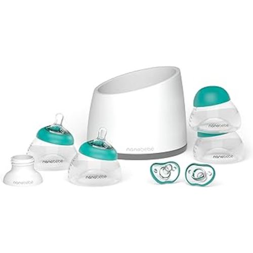 Nanobebe Breastmilk Baby Bottle Anti-Colic Starter Set with Silicone Pacifiers, Breast Pump Adapter, and Slow Flow Nipples - 5 oz - Teal/Grey