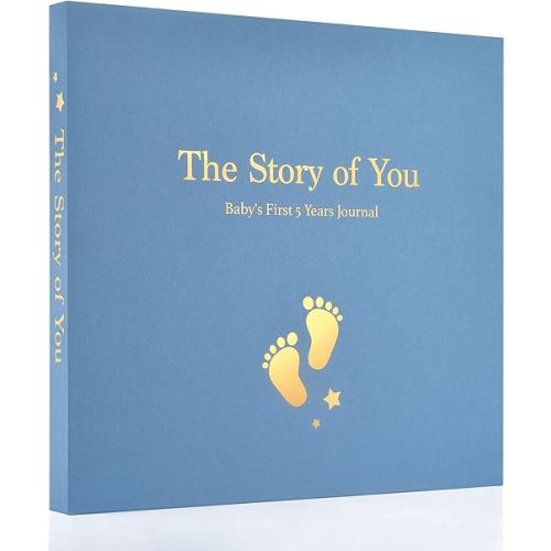 Baby Memory Book First 5 Year Boy or Girl Keepsake Journal Photo Albums Scrapbook, Gifts for Baby Shower First Time Mom New Parents (Footprint - Blue)