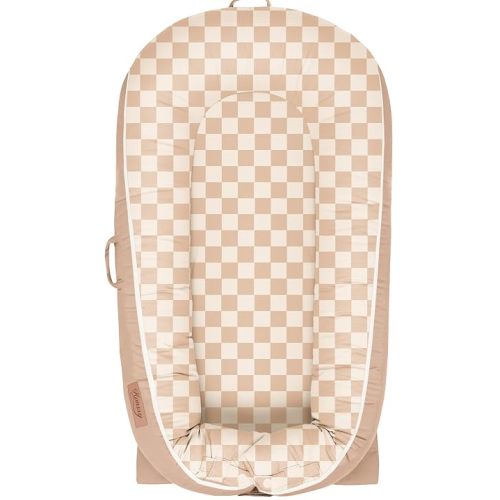 Konssy 100% Cotton Baby Lounger Cover Fits DockATot Deluxe+, Cover Only | Soft & Breathable, Easy Installation with Two-Way Zipper & Snap Buttons, Cozy Replacement Cover for Baby Nest (Coffee Check)