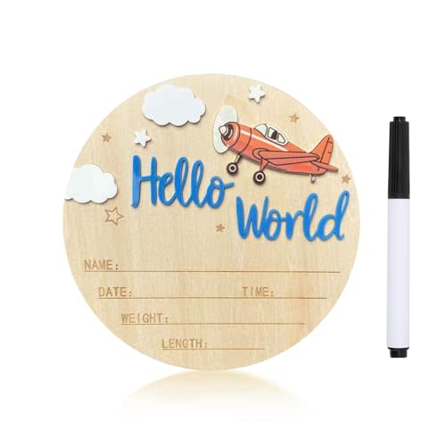 Baby Announcement Sign, 5.9 Inch Wooden Hello World Newborn Sign,Welcome Baby Signs,Birth Announcement Signs,Newborn Name Personalized for Photo Prop Vintage Airplane Design Hospital Nursery (Deep Blue)