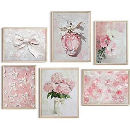 Pink Nursery Wall Art Floral Bow Canvas Prints Girls Room Wall Decor Pink Flower Pictures Coquette Aesthetic Poster Vintage Baby Nursery Artwork Painting for Bedroom Living Room 12x16 Inch Wood Framed