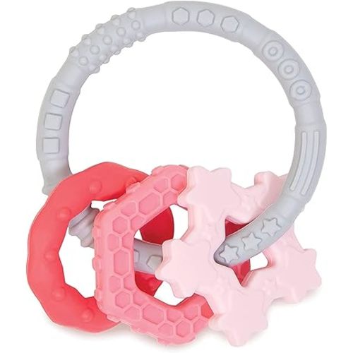 Bumkins Baby Teething Freezer Toy Keys Rings, Soft Flexible Pacifier to Chew, Cool Teether Gum Relief, Babies 3 Months, Freezable Platinum Silicone, Sensory Bracelet with Charms, Pink and Gray