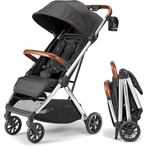 Bombi Bēbee V2 Lightweight Baby Stroller - Premium Vegan Leather, One-Hand Fold, Infinite Recline, Aircraft-Grade Aluminum Frame, XXL Canopy, and Ample Storage Umbrella Stroller - Midnight Black