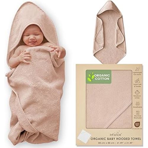 100% Organic Cotton Plush Woven Hooded Baby Bath Towels - Soft and Absorbent 31x31 Inches for Newborns and Kids, Baby Bath & Hooded Towels, Premium Infant Towels (Sand)