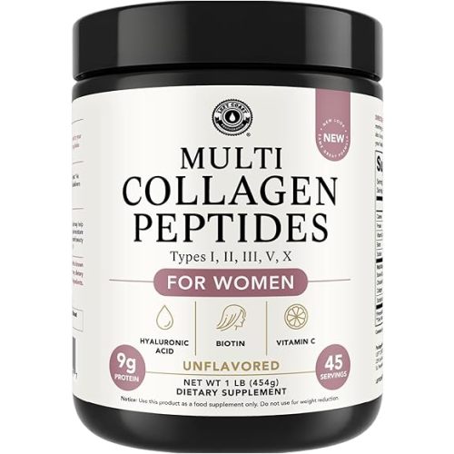 Multi Collagen Peptides Powder Types I, II, III, V, X Multi Collagen Protein Powder with Hyaluronic Acid, Biotin, Vitamin C, For Skin Hair Nails Joints and Gut Health - Keto, Non-GMO Supplement