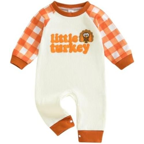 SAYOO Newborn Baby Girl Boy Thanksgiving Halloween Outfit Pumpkin Turkey Embroidered Contrast Waffle-Knit Romper Jumpsuit