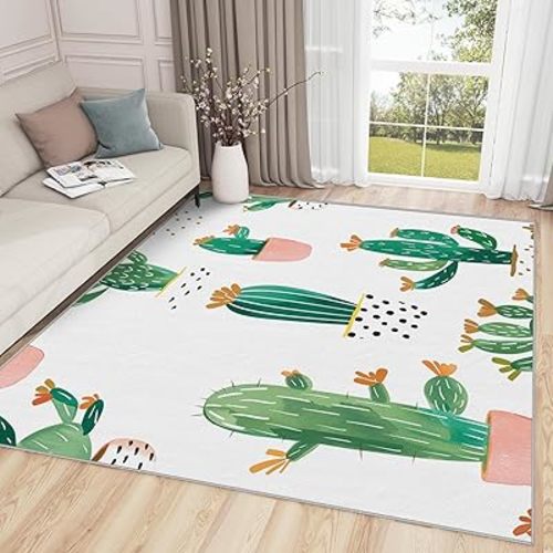 Cactus Rug for Classroom - 5x7 Rug - Cactus Rug - Cartoon Watercolor Tropical Plant Area Rug - Cute Green Cacti Rugs - Kids Nursery Baby Playroom Carpet - Cactus Home Decor Gifts