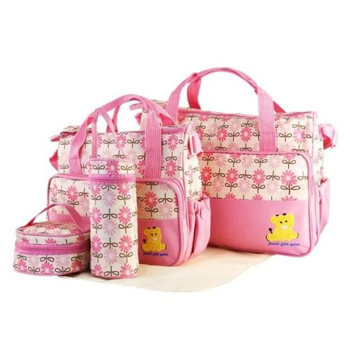 Racxily 5PCS Baby Nappy Diaper Bags Set Mummy Diaper Shoulder Bags w/ Nappy Changing Pad Insulated Pockets Travel Tote Bag