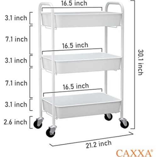 CAXXA 3-Tier Rolling Metal Storage Organizer - Mobile Utility Cart Kitchen Cart with Caster Wheels, White