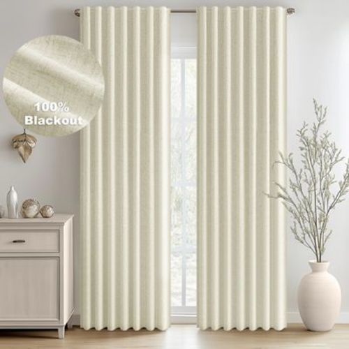 Cream 100% Blackout Curtains & Drapes 84 Inch Length 2 Panels Set, Flax Linen Room Darkening Soundproof Curtains for Bedroom Living Room