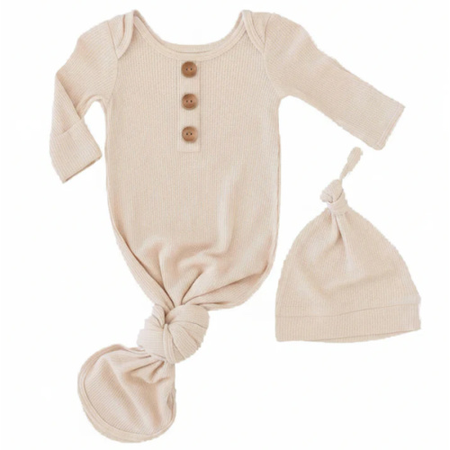 Oatmeal Bamboo Waffle Newborn Baby Knot Gown & Hat Set