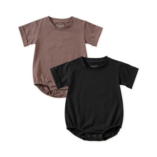 Jimonda Baby Bubble Rompers Boy Girl Solid Color T-Shirt Outfits Short Sleeve Button Bodysuit Cotton Tops Clothes 2Pcs