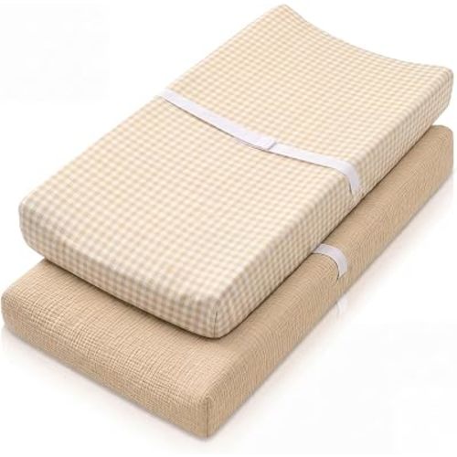 Breling 2 Pack Muslin Changing Pad Covers for Boys Girls, Soft Breathable Cotton Baby Diaper Change Covers for Dresser or Table, Neutral Nursery Diaper Changing Pad Sheets, Khaki Plaid and Solid Khaki