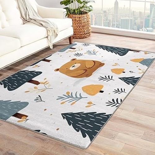 Kids Rug & Home Decor - 3x4 Rug, Cute Bear Rugs for Living Room Bedroom, Woodland Forest Animal Carpet, Washable Non Slip Soft Low Pile Indoor Area Rug & Room Decor