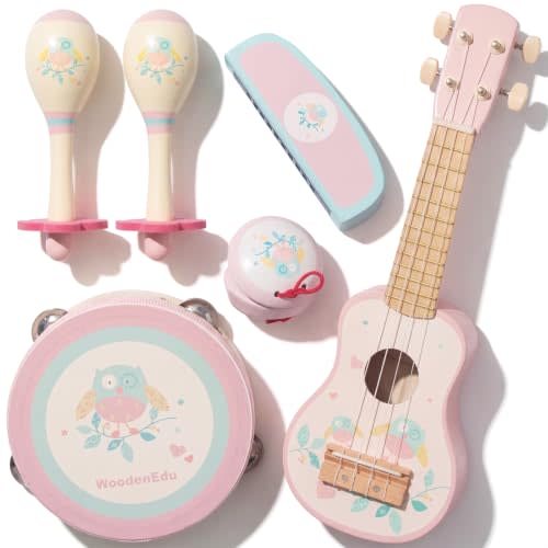 WoodenEdu Kids Guitar for Girls,Wooden Musical Instruments Toy for Toddlers | Including Ukulele, Tambourine, Maracas, Harmonica, Mini Band Sets for Girls 2 3 Years Old Birthday Gift