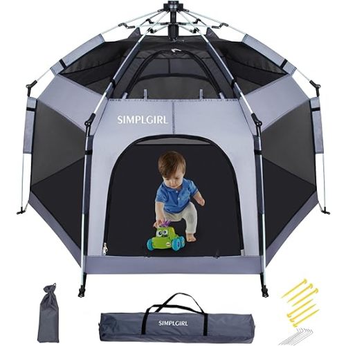 Premium in Door and Out Door Baby Playpen - Portable, Lightweight, Pop Up Pack and Play Tod-dler Play Yard w/Canopy and Travel Bag - Grey