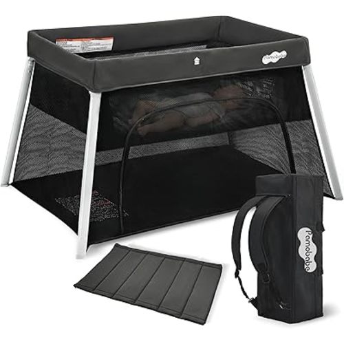 Pamo Babe Travel Crib with Bassinet, Certified Baby Safe Portable Crib, Extra Large Portable Playpen with Mattress & Zipper Door, Lightweight Foldable Pack and Play Baby Travel Bed - Grey