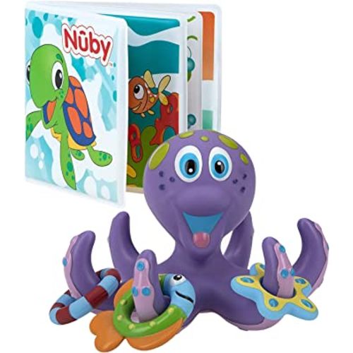 Nuby Floating Purple Octopus with 3 Hoopla Rings Interactive Bath Toy Bath Fun Time Book with Water-Proof Pages and Surprise Squeaker, Early Education, 0 M+