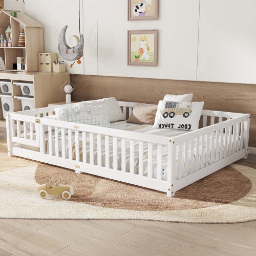 Bellemave Queen Size Floor Bed with Door and Fence Floor Bed with Bed Slats Sturdy Wood Floor Bed Montessori Bed Frame (Queen, White)