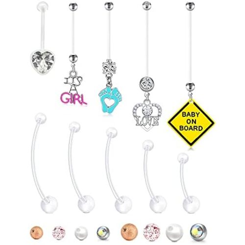 Pregnancy Belly Button Rings Plastic Maternity Long Belly Button Rings Bar for Healing Clear Flexible Belly Piercing Retainer with Different Balls for Replacement 18mm 25mm 32mm 35mm 38mm