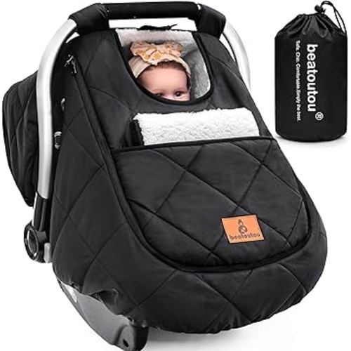Winter Baby Car Seat Cover, Beatoutou Waterproof Winter Infant Carseat Canopy for Boys Girls, Cold Weather Warm Car Seat Covers for Babies, Keeps Babies Warm and Cozy (Black)