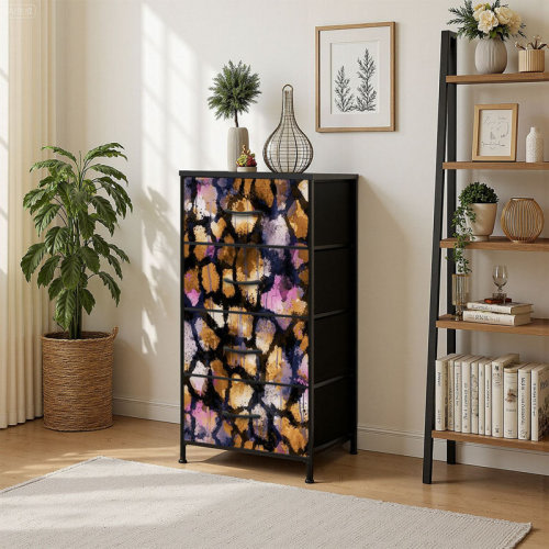 East Urban Home 4 Drawer Vertical Storage Dresser Hand Abstract Watercolor Giraffe Leopard Cheetah Animal Skin with Wood Top Fabric Pull Drawers | Wayfair