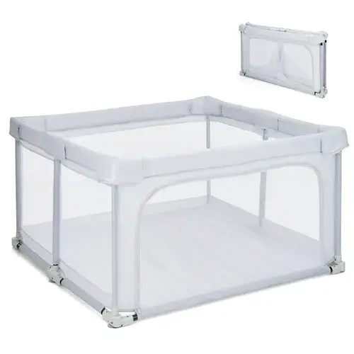 Baby Joy Folding Playpen with Crawling Mat & Pull Ring, Grey - 124x124x70cm | Baby Bunting AU