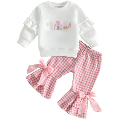 fhutpw Infant Baby Girl Fall Clothes Toddler Winter Outfits Ruffle Sleeve Sweatshirts Plaid Bell Bottom Pants Headband Set