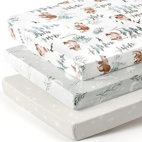 Stretchy Ultra Soft Jersey Knit Fitted Pack n Play Sheets 3 Pack, Portable/Mini Crib Sheets for Boys and Girls, Universal Fit for Pack N Plays Safe and Snug, Stylish Pattern of Bear and Wolf Print