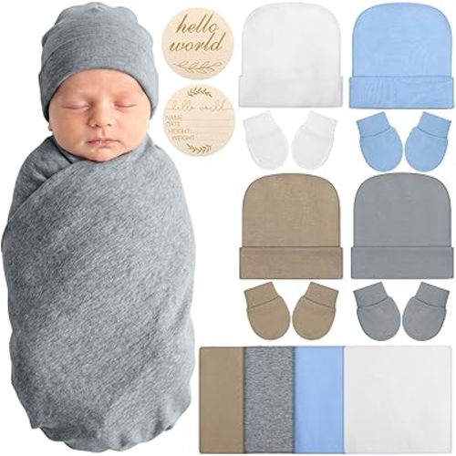 4 Pcs Newborn Receiving Blanket with Beanie Hat Mittens Wooden Announcement Sign Set Cute Newborn Baby Boy Girl Gender Neutral Nursery Swaddle Wrap