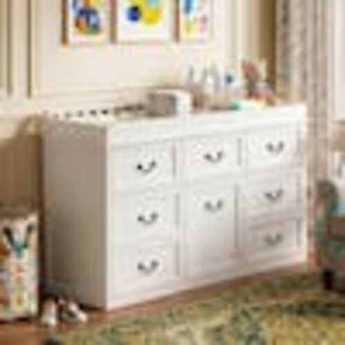 FUFU&GAGA 58.7 in. W White Pine Wood Dressers, Kids Dressers, Changing Table with 8 Drawers, Open Shelf and Cabinet Storage L-THD-330200-01-c2