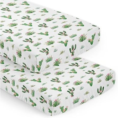 Sweet Jojo Designs Pink Green Cactus Floral Girl Baby Fitted Crib Sheet Set Nursery Soft Infant Newborn Fits Standard Mattress or Toddler Bed - 2pc - Boho Bohemian Watercolor Shabby Chic Desert