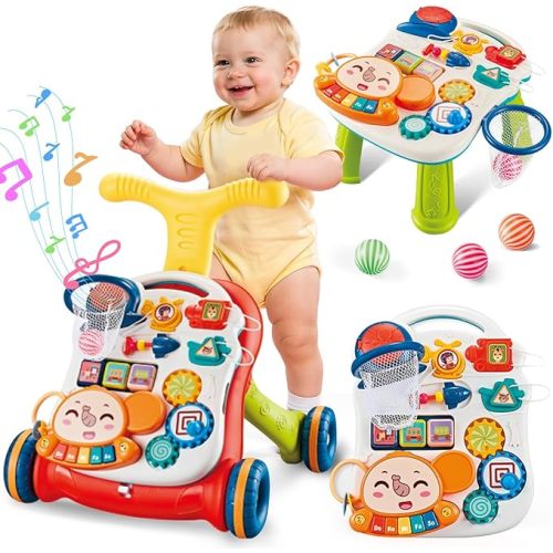 AuntyFey Baby Walker, 3 in 1 Push Walker for Baby Girls Boys, Baby Walking Toy for 1 Year Old Learning to Walk, Sit to Stand Baby Walker Push Toy for Girl 12 Months, Red