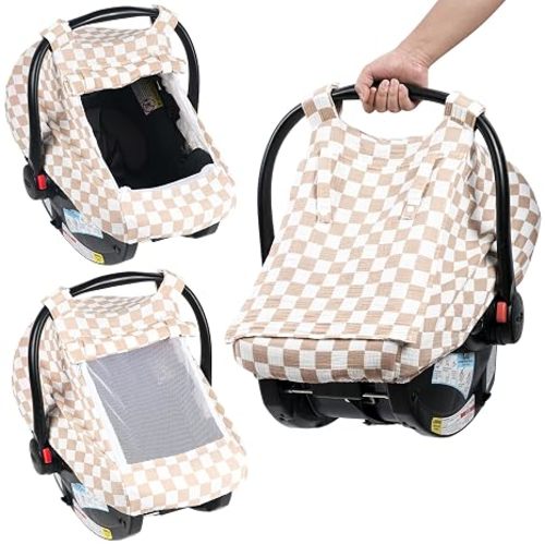 Summer Muslin Car Seat Cover for Baby – Breathable & Privacy Canopy with Large Mesh Window,3 Adjustable Modes,Easy Install Universal Fit for Infant Car Seats (Khaki Checkered)