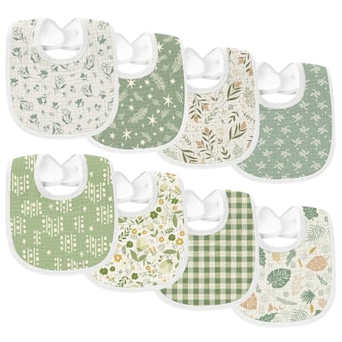 Tunnkit 8 Pack Muslin Baby Bibs, Drooling and Teething Bibs for Boys Girls, Extra Absorbent Drool Bibs for Newborn and Infants, Baby Essentials for Unisex Babies