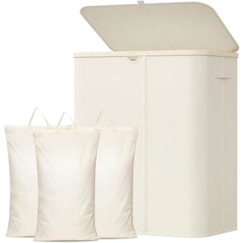 Lifewit 185L 3 Section Laundry Hamper with Lid, Large Laundry Basket with Handles and Removable Bags, Tall Clothes Hamper, Foldable Laundry Sorter for Bedroom Bathroom, White
