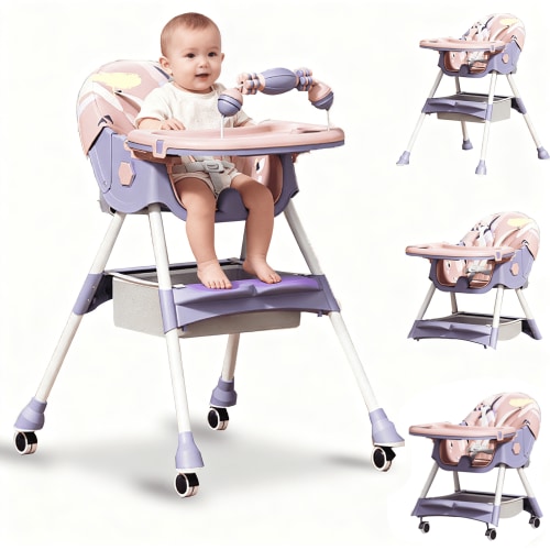 SHIBAILI 4-in-1 Convertible Baby High Chair with Adjustable Height,Foldable,Wheels & Cushion (Pink+Purple)