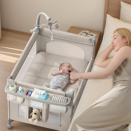 4 in 1 Baby Bassinet, Pack and Play, Bedside Crib Sleeper, Diaper Changer, Quickly Assembled and Folded Portable Crib with Mattress and Mosquito Net, Easy to Carry