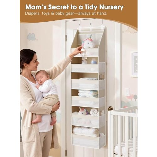 Criusia Over the Door Organizer, 6-Shelf Closet Hanging Storage with 13 Mesh Pockets, 55lbs Capacity Behind the Door Storage for Baby Nursery, Bathroom, Bedroom, and Dorm, Beige