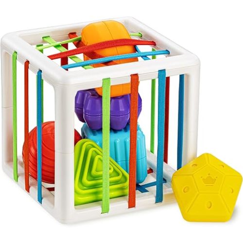 Montessori Toys for 1 Year Old, Cube & 6 Sensory Shape Blocks, Baby Toys 12-18 Months, Developmental Infant Birthday Gifts for Learning Toddler Age 1 2 3