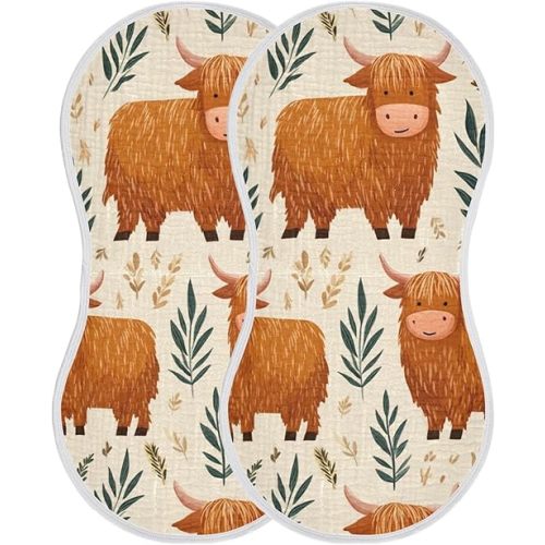 Highland Cow Cute Pattern Burp Cloths Baby Boys Girls Absorbent Soft Cotton Burping Cloths Rags, 2 Pack