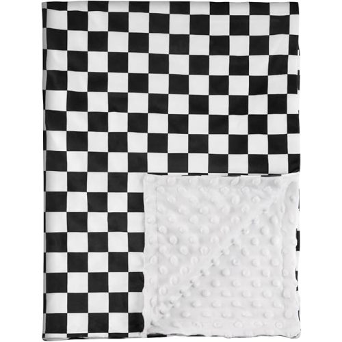Checkered Baby Blankets for Boys, Comfy Durable Blanket with Double Layer Dotted Backing Checkerboard Grid Chessboard Gingham Bed Blankets for Newborn Infants Black, 30x40 Inches
