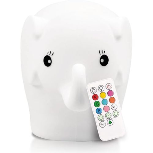 LumiPets Eggbert the Elephant Squishy Night Light for Kids | Silicone Nightlight with Tap, Remote Control | Rechargeable Color Changing Animal Light for Girls & Boys | Portable Mood Lamp With USB Cord